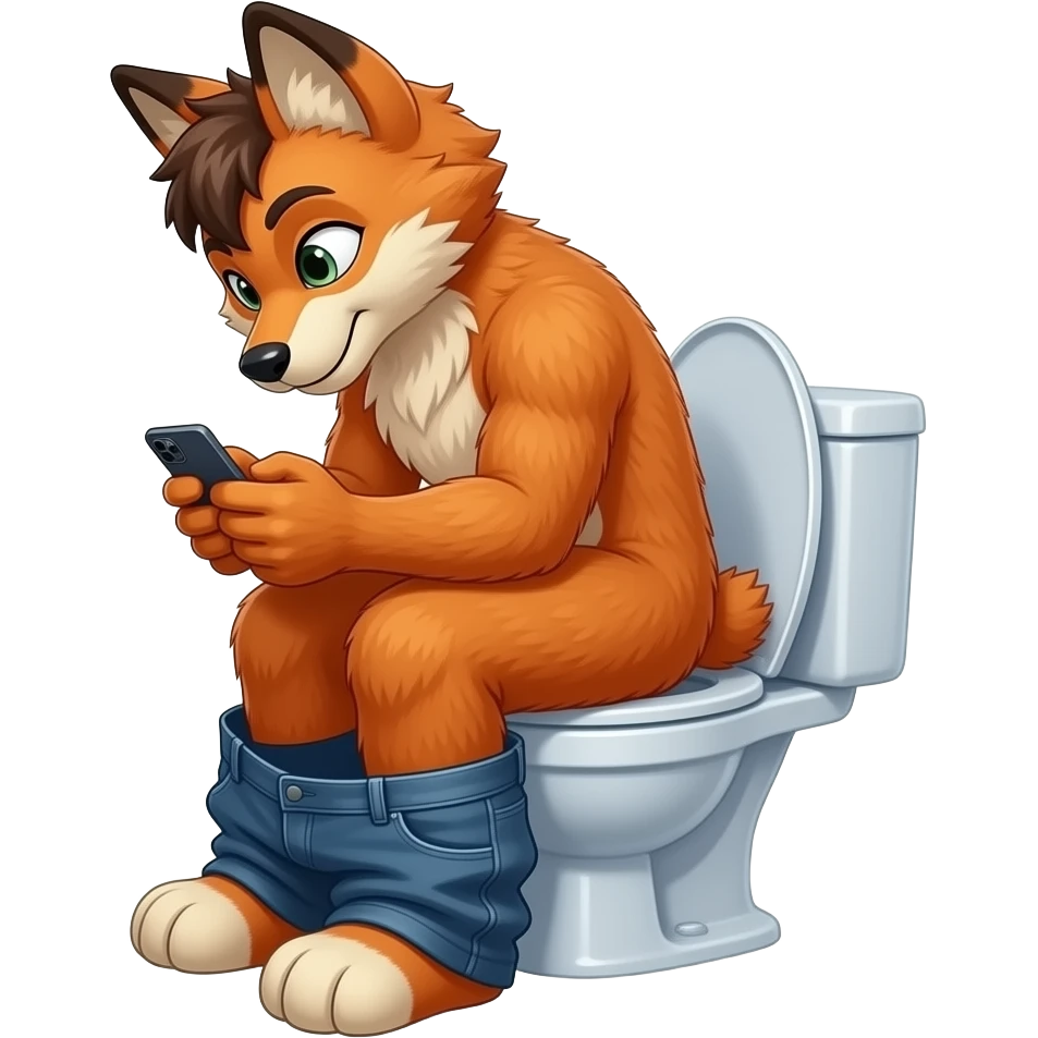 fursuit sitting on toilet, side view, pants down, looking down at phone emoji
