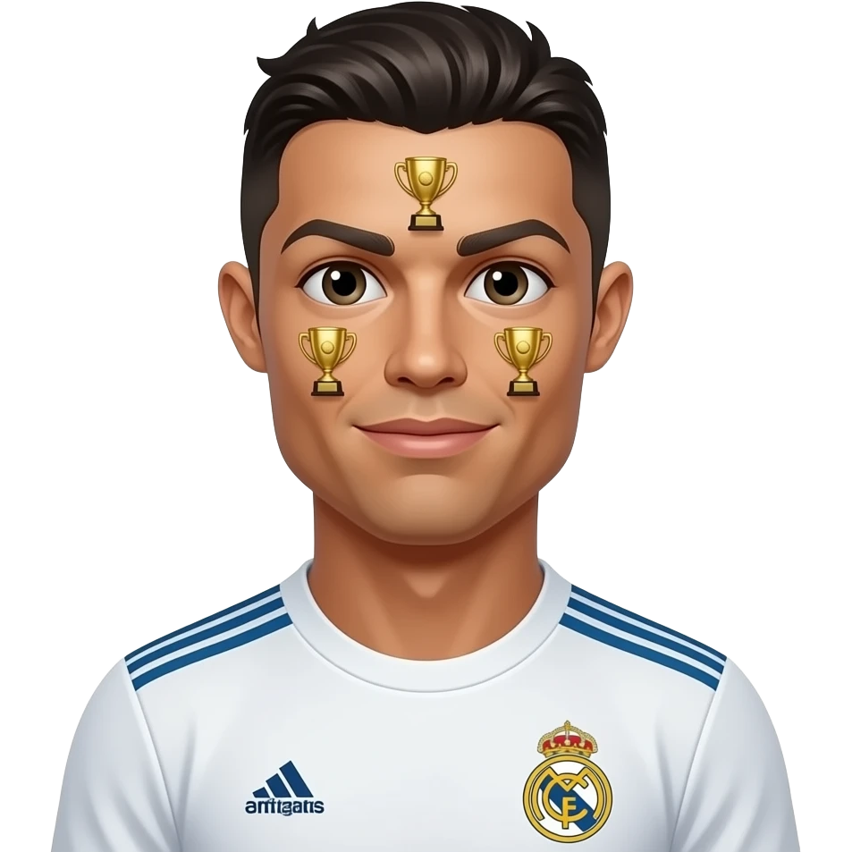 Cristiano Ronaldo emoji avatar, Real Madrid jersey, cute cartoon style. Three tiny identical golden trophies spread across the face area. emoji