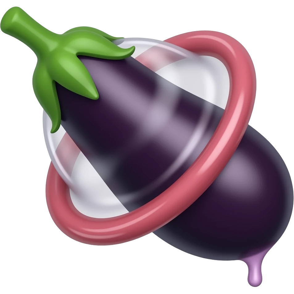 Auf der anderen Seite von dem grünen Strunk der Aubergine ist ein Kondom drüber gezogen, es ist glänzend und tropft an der spitze emoji