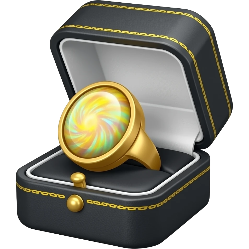 yellow Opal ring in a black box with yellow ornate trim emoji