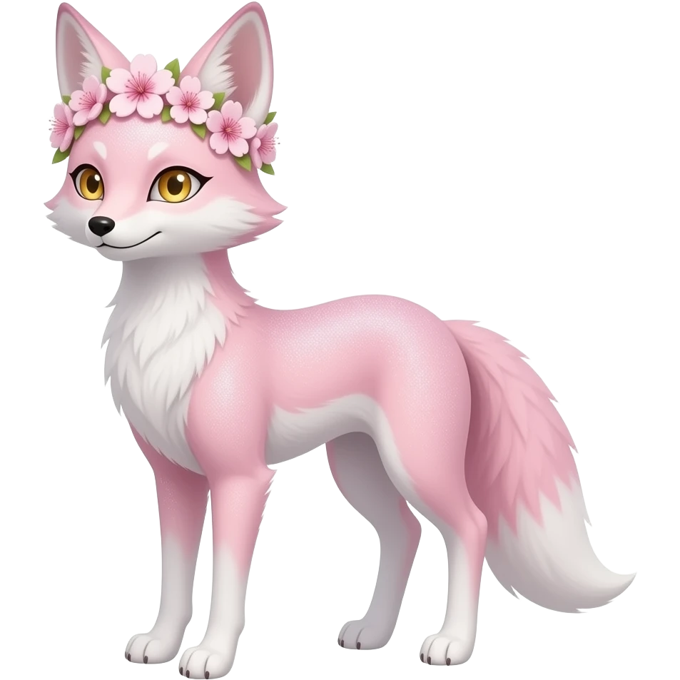 Elegant, flower-crowned pretty beautiful Sakura petite tall thin realistic lanky aesthetic golden-eyed sparkling glittering pastel pink and white oriental Kitsune-fox, tall furry legs, long thin tail, long thin tufted ears swept backwards emoji