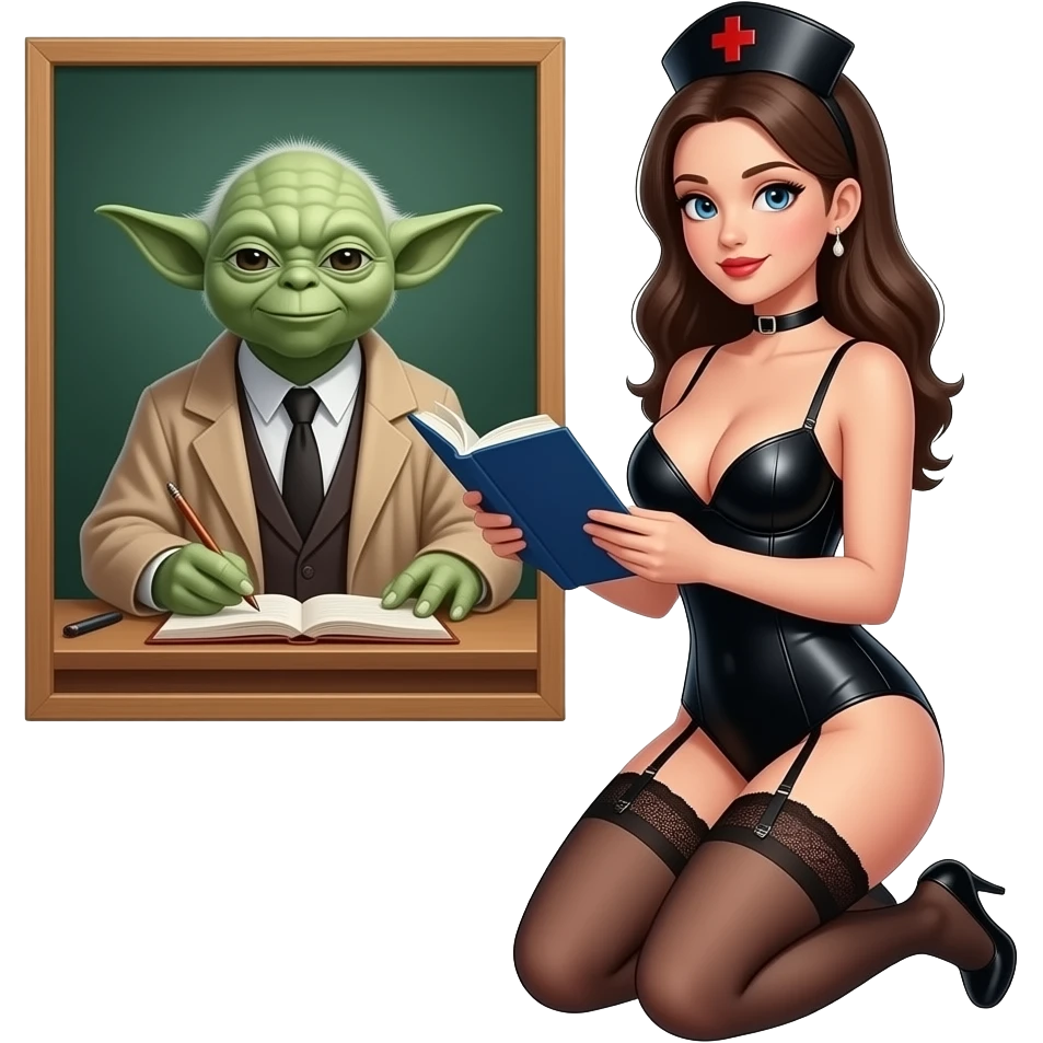 Nurse in black lingerie outfit,studying, with garter belt and large breasts, low cut black leather outfit, kneeling in front of schoolmaster yoda emoji