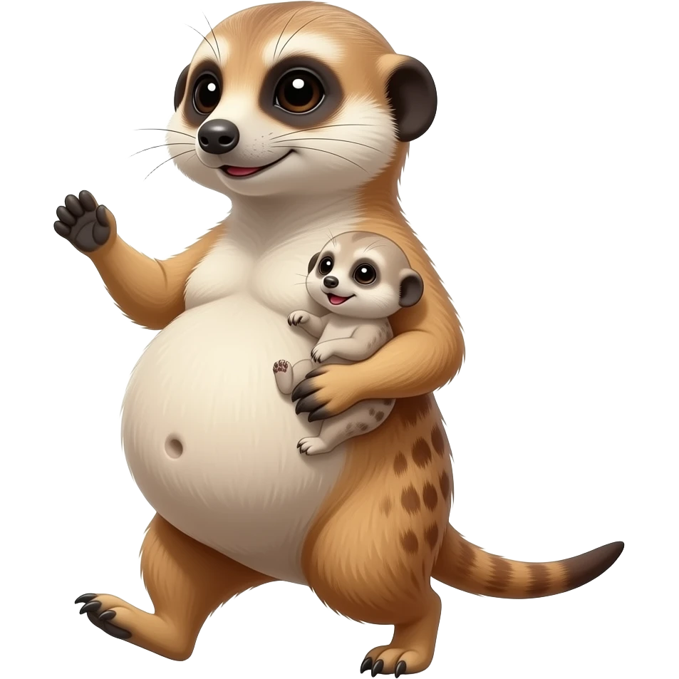 A female Meerkat now wants to give a try to walk,but with her fat stomach so big she has to get a grip of it and hold it up then cradle her food baby, it is a guessing game with her bun in the oven,but she knows she is just fat,her bellybutton makes agreement with clues. emoji
