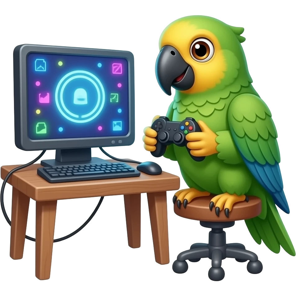 Parrot and the parrot is gaming  and in a cozy gaming setup emoji