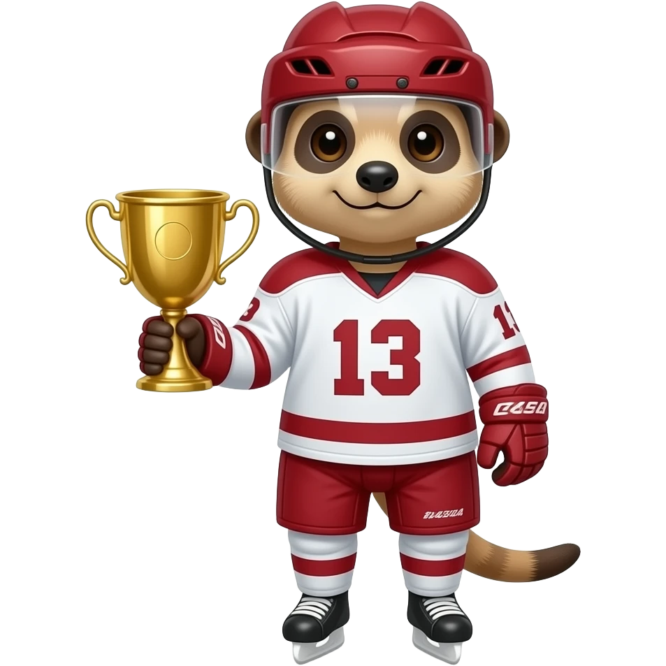 Create a meerkat in Latvian hockey gear holding gold cup (#A4343A red and white) (wearing number 13) emoji