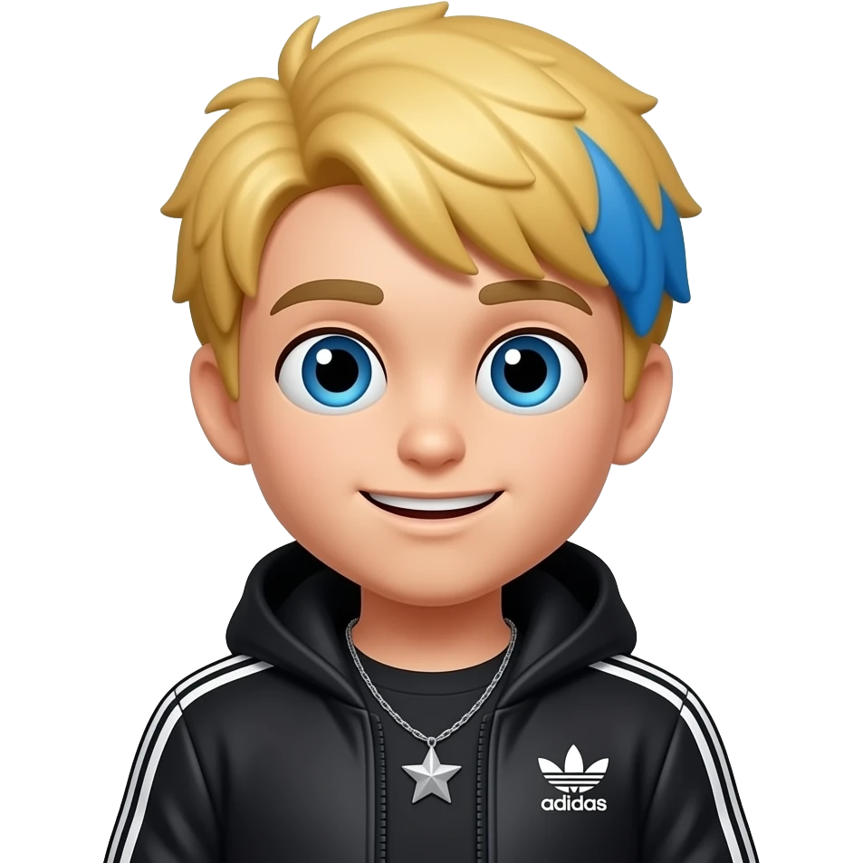 Faça um garoto no estilo zumbi do emoji do iPhone esse garoto é loiro uma pequena parte da franja do lado esquerdo é azul royal ele está vestindo um casaco preto da adidas de gola alta e usa um colar de estrela emoji