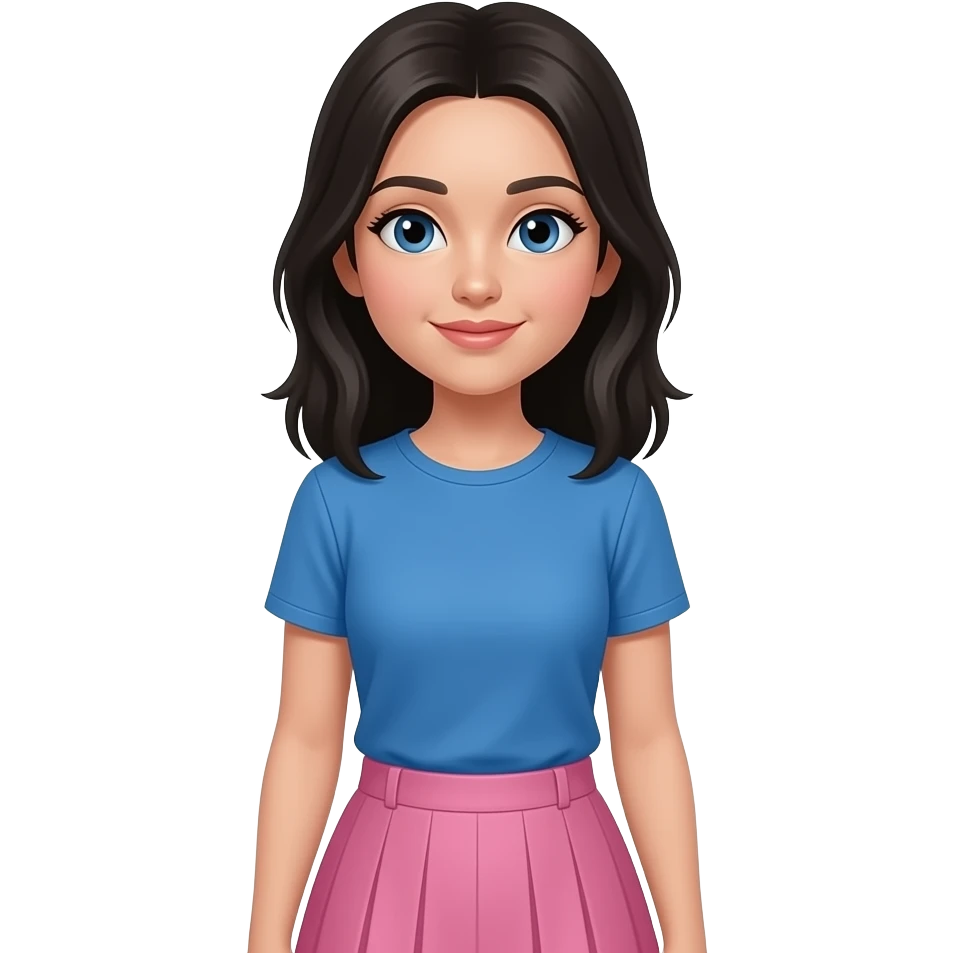 black hair and blue eyes blue T-shirt and pink skirt emoji
