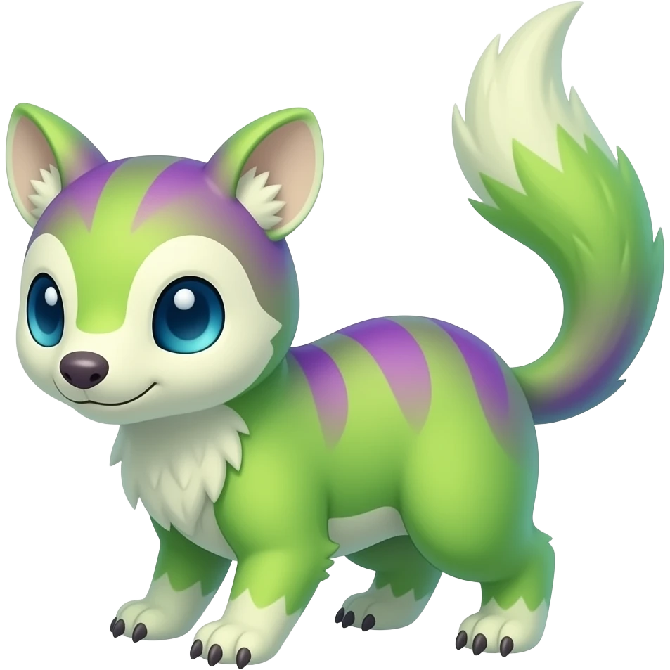 Iridescent Neon Lime-Green-Magenta-gradients Minccino-Numbat-Sergal-fusion-hybrid-animal-creature, full body emoji