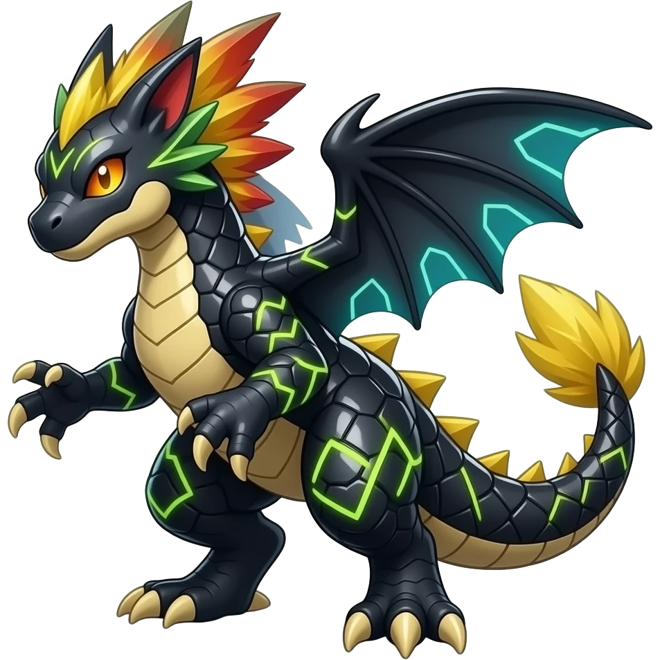 Shiny edgy cool badass electrical Raptorik feathery spicy Furry scaly oily black with neon-markings Salandit-Salamence-Ekans-Seviper-Rapidash-Salazzle-Fakemon-hybrid emoji