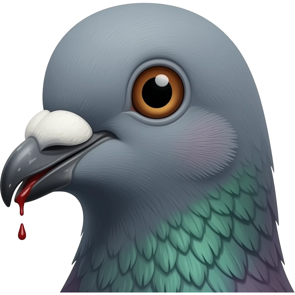 Pigeon face head-on, filling the frame — two huge deadpan eyes, beak, that faintly unwell stare. No body. Just the eyes — extreme crop, two pigeon eyes and a sliver of beak bleeding off the edges. Pigeon in profile mid-honk, beak open, one feather sticking up. emoji