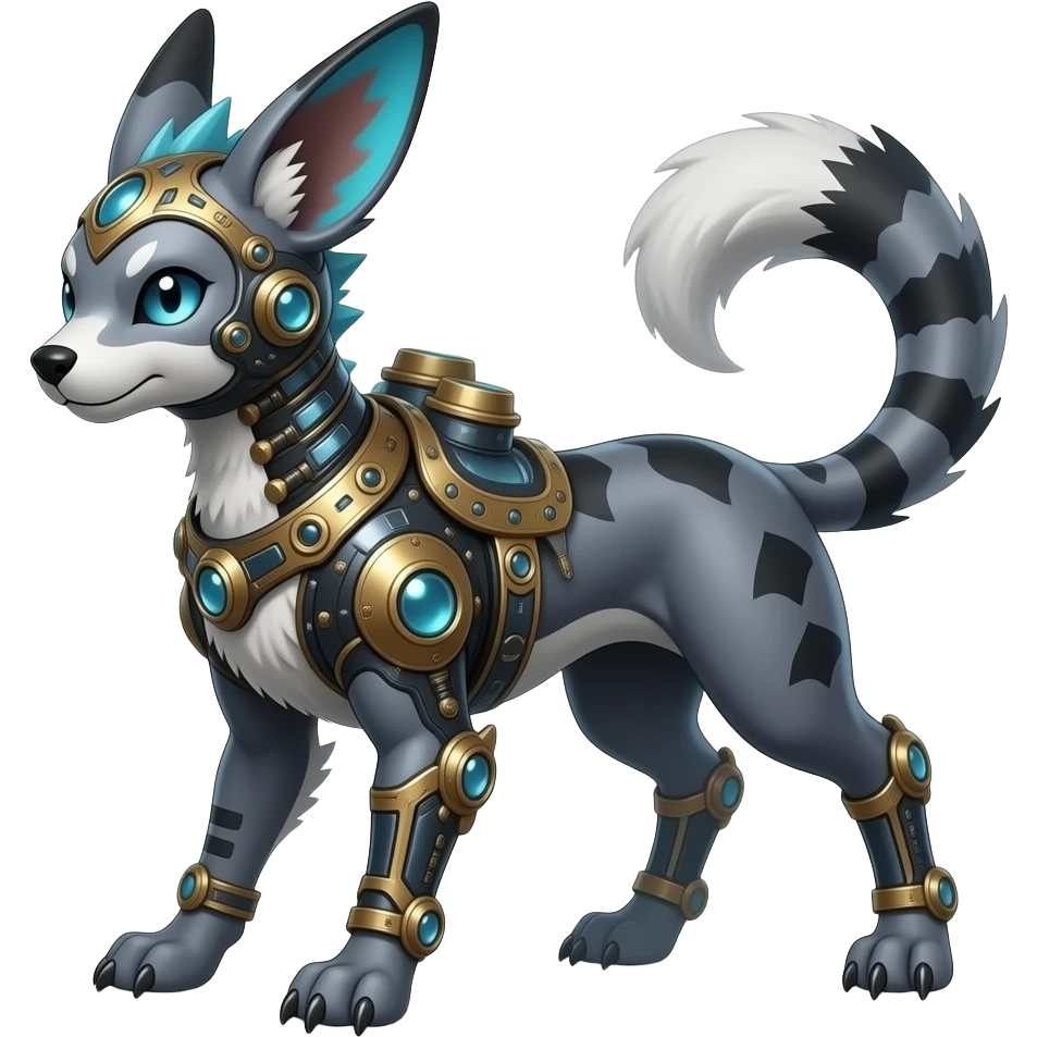 Quadrupedal digitigrade shiny glossy smooth finned frilled gothic tall slim unique epic legendary shiny edgy cool steampunk-cyberpunk-solarpunk-fantasy-Absol-Sprigatito-Vaporeon-Furret-Manectric-Mudkip-Fakémon-hybrid emoji