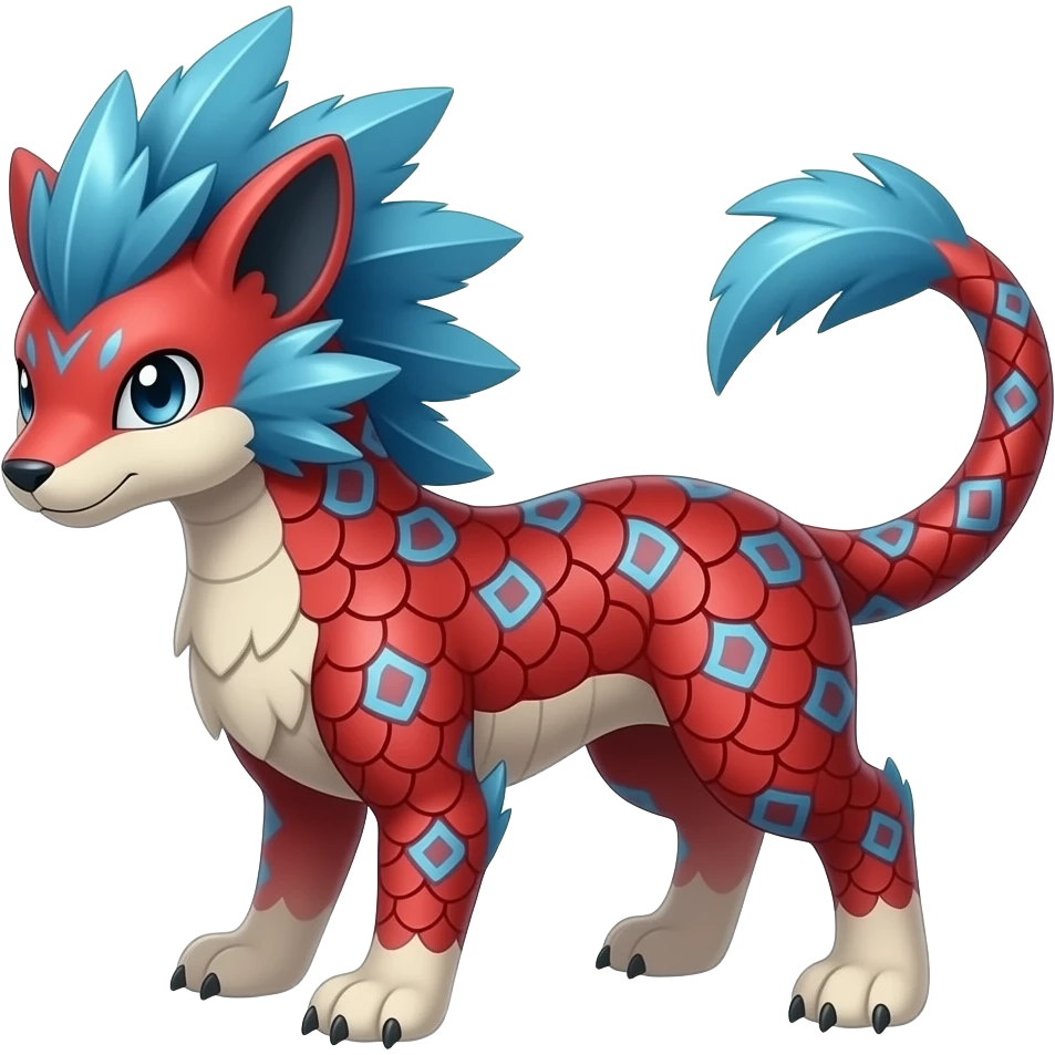 scaly shiny feather-maned spiky patterned tribal-patterned digitigrade quadrupedal Red and blue Vaporeon-Salandit-Glaceon-m-hybrid emoji