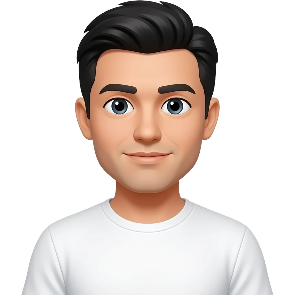 یک مرد سفید پوست با موهای مشکی و تیشرت سفید emoji