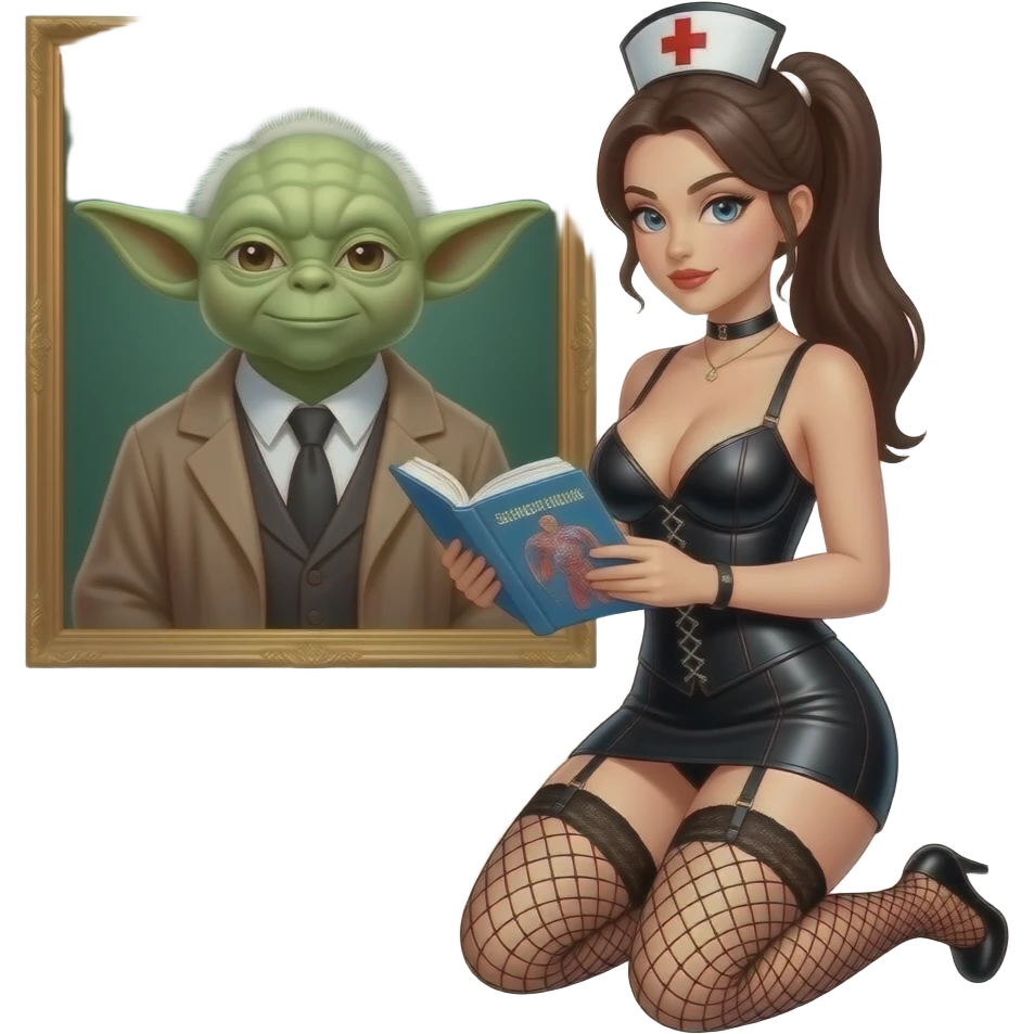 Nurse with pony tail in black mesh lingerie outfit,studying, with garter belt and large breasts, low cut black leather outfit, kneeling in front of schoolmaster yoda emoji