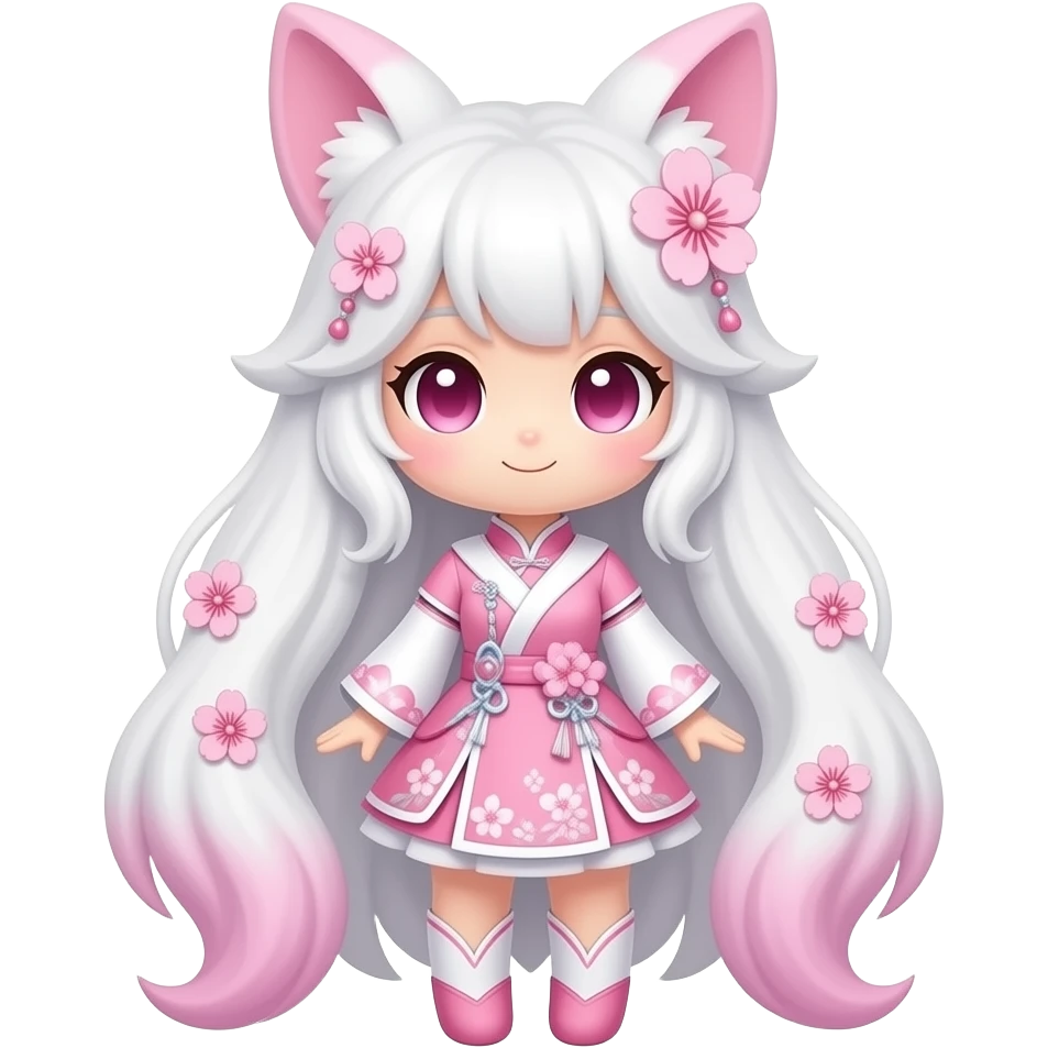 White kawaii realistic sakura floral Fuzzy slim oriental feathery long-haired beaded mane cozy rosy aesthetic feathery Rosy beautiful Sylveon-Furret-Fennekin-Minccino-Espeon-Fakémon-hybrid emoji