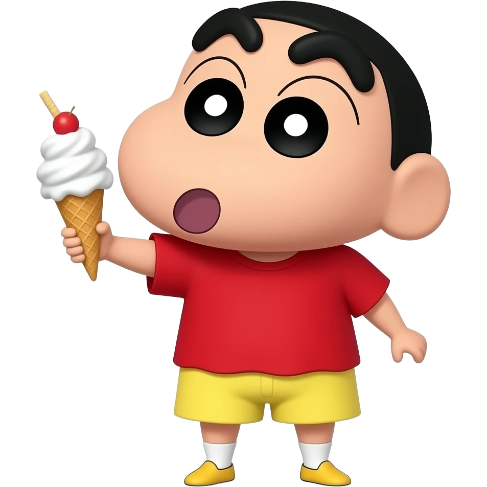 可爱的蜡笔小新侧身抬头开心的样子，一边手拿着吃冰淇淋 emoji