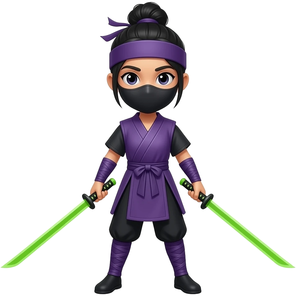 young girl with black hair put up into a bun, wearing a purple ninja dress, wielding a pair of black-handled swords that have lime green blades full body emoji emoji