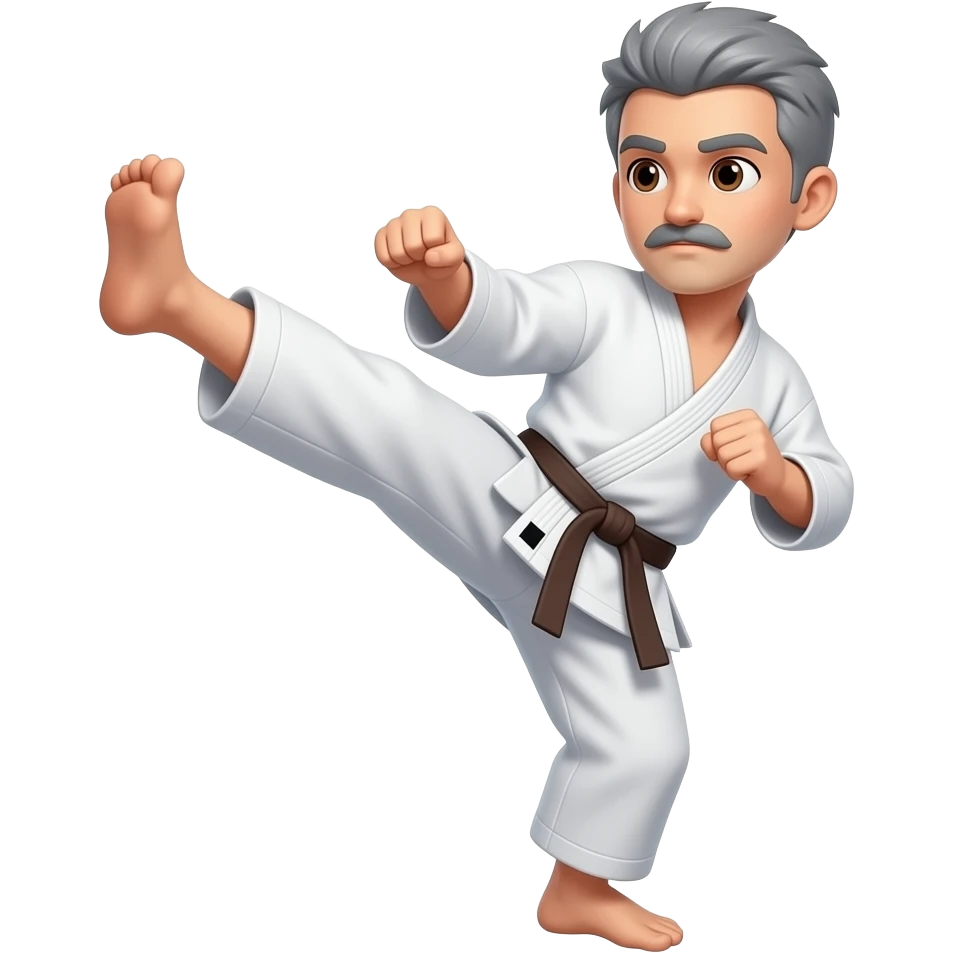 No BEARD, Short gray hair with a mustache doing a karate kick and brown eyes and Brown Belt emoji