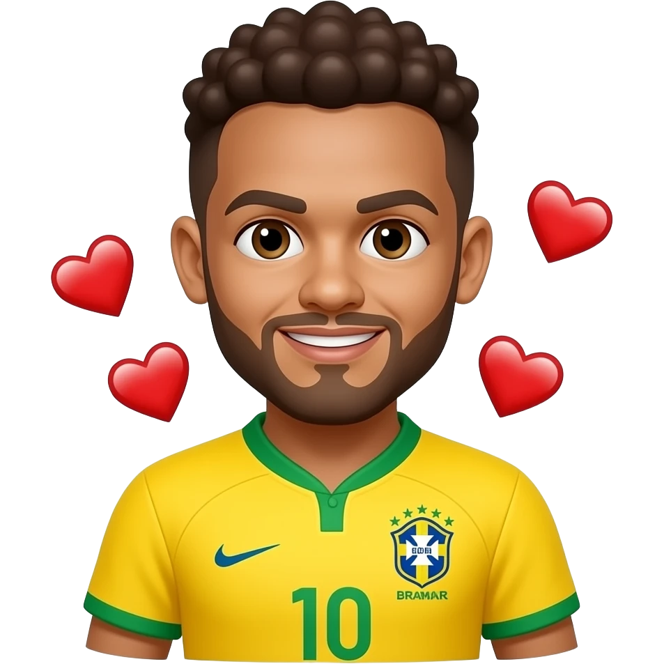 Neymar emoji, SAME Brazil jersey, chest-up, centered, 3 ❤️ randomly floating around jersey and hair, colorful emoji puzzle style, no text. emoji