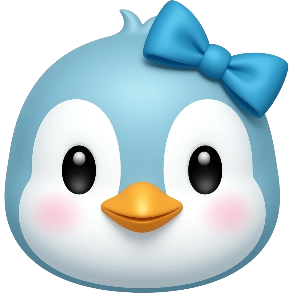 baby blue penguin, blue, with hairbow on head, just face emoji