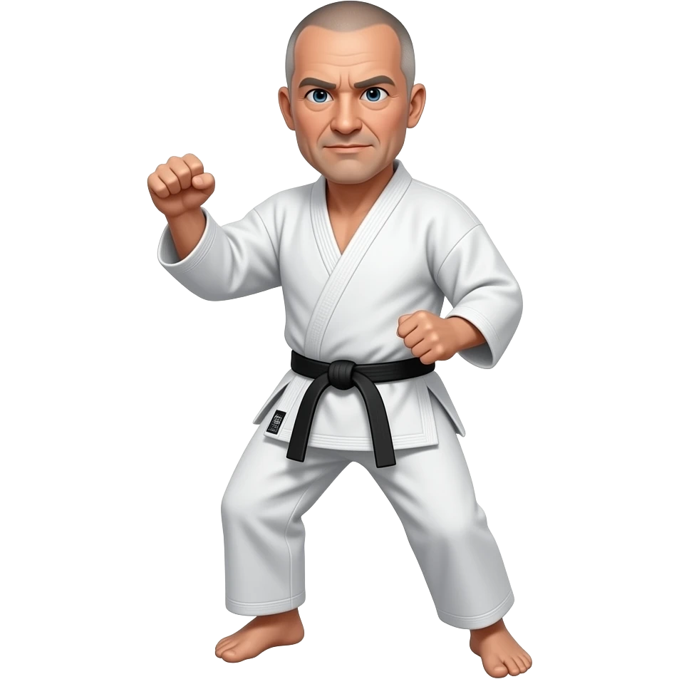 Middle-aged, white man wearing karate uniform , shaved short hair with a black belt doing a punch emoji
