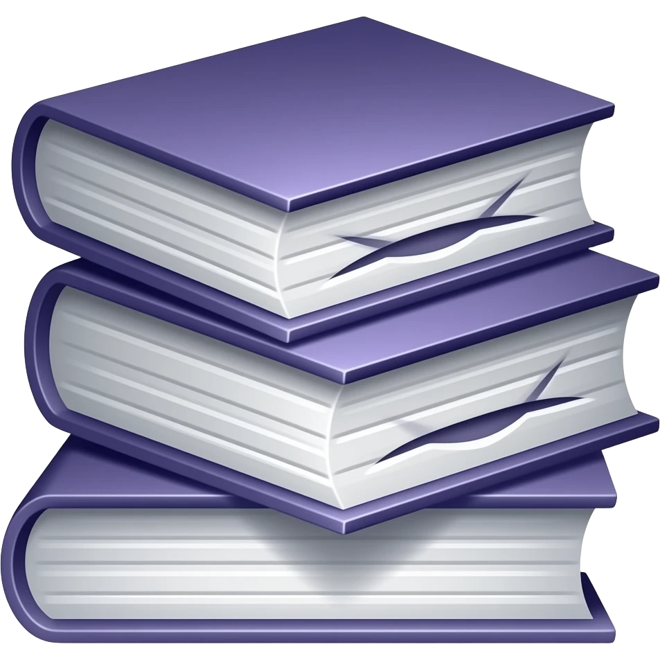 The Library: 3D emoji style, glossy surface, soft shadows, white background, centered, no text, stack of books, sly knowing smile, deep purple tones, emoji