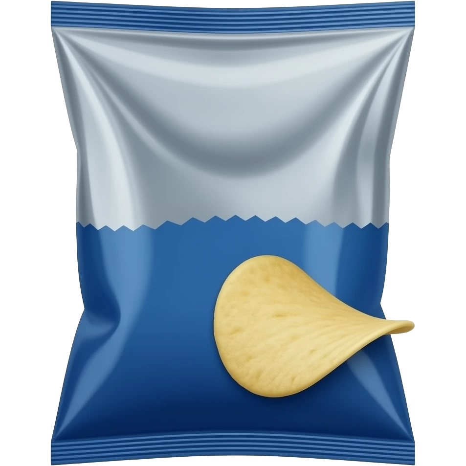 empty bag of dark blue chips. the inside is aluminium and there is one piece of chisp coming out. emoji