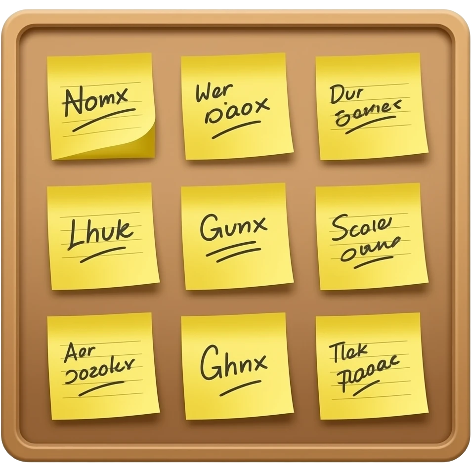 brown task board with yellow 9 stickers with notes, ios emoji
