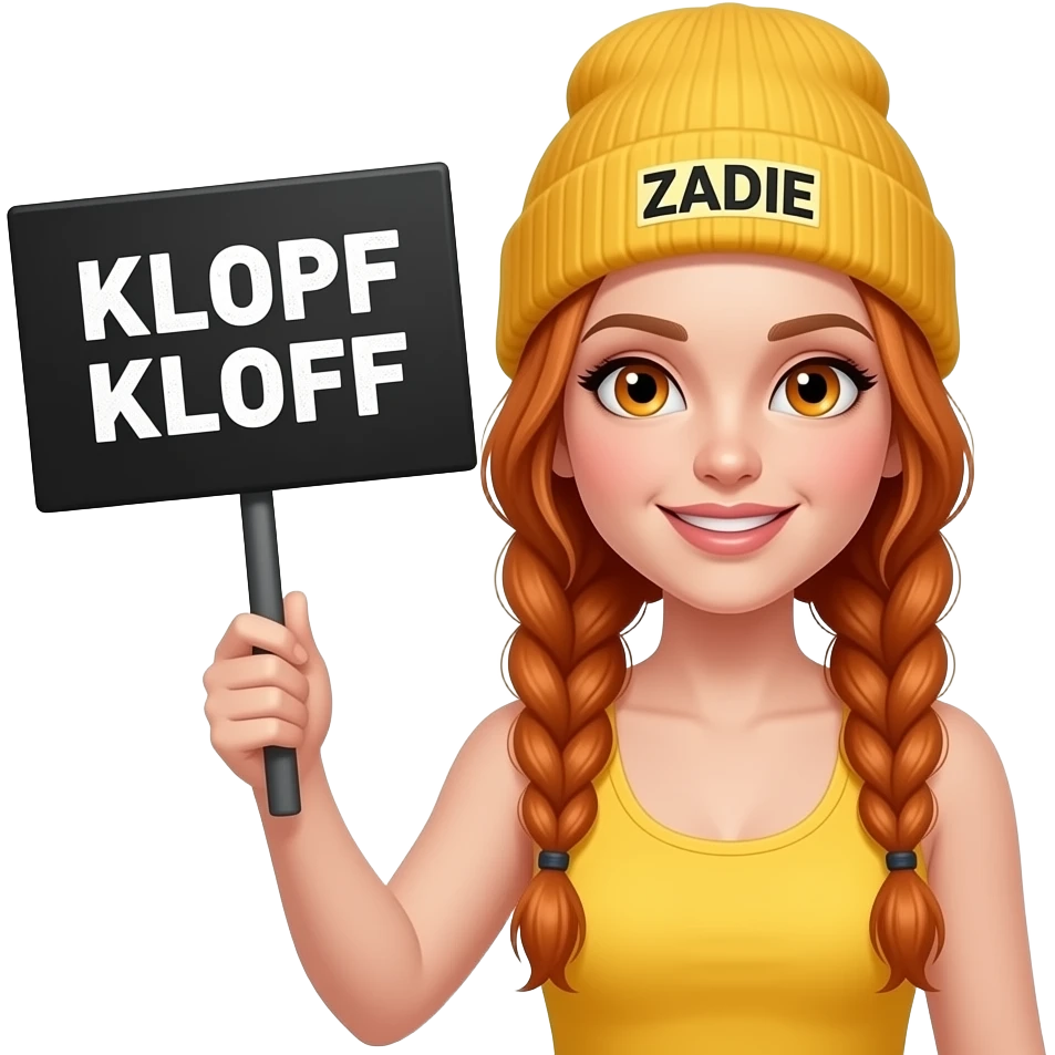 sexy girl with overlong ginger braids and ginger eyes wearing a yellow tanktop and a yellow beanie with ZADIE written on it, is holding a black sign with KLOPF KLOPF written on it emoji