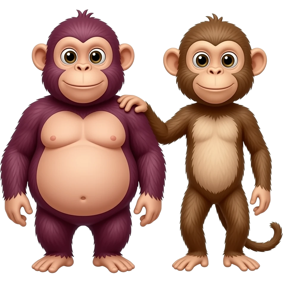 🙈 this emoji maroon color fatty monkey same to same like this and beside slim monkey whose hand on the shoulder of fatty monkey emoji
