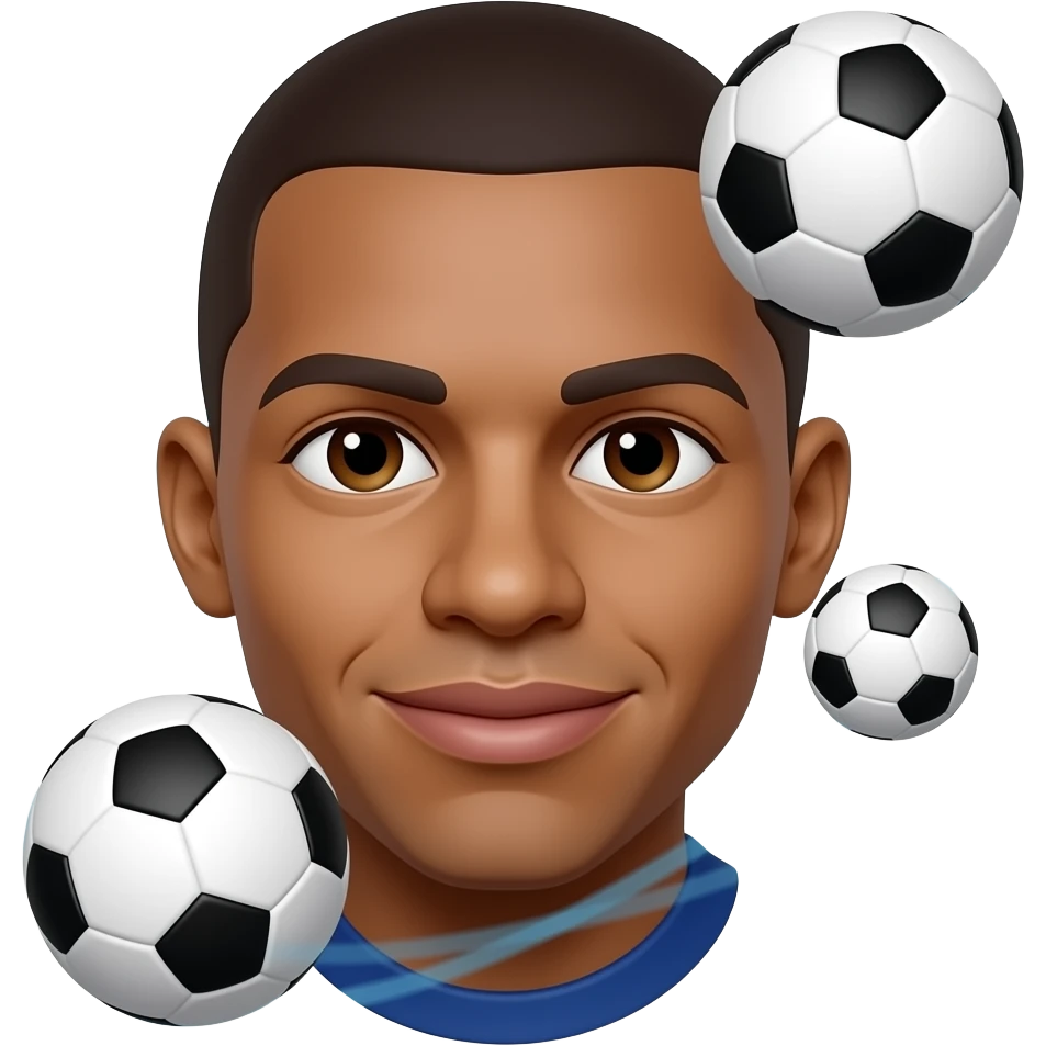 Mbappe-inspired 3D emoji, same face every time, 3 footballs orbiting around the emoji. emoji