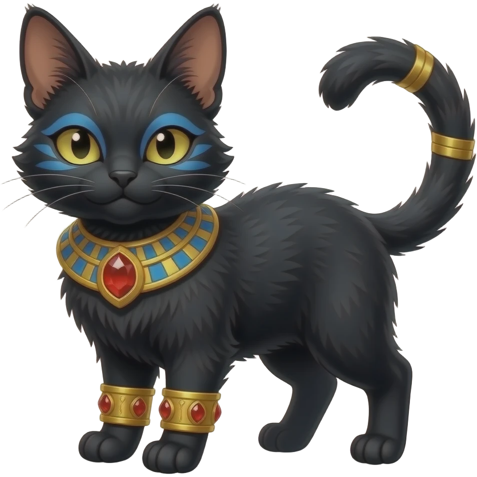 Realistic furry fuzzy Black godly overpowered ethereal majestic oriental ancient Lykoi-Caracal-Cat-Fakemon. With gold bangles, red rubies, Egyptian blue eye corner markings makeup, long thin tufted tail, long tufted ears emoji