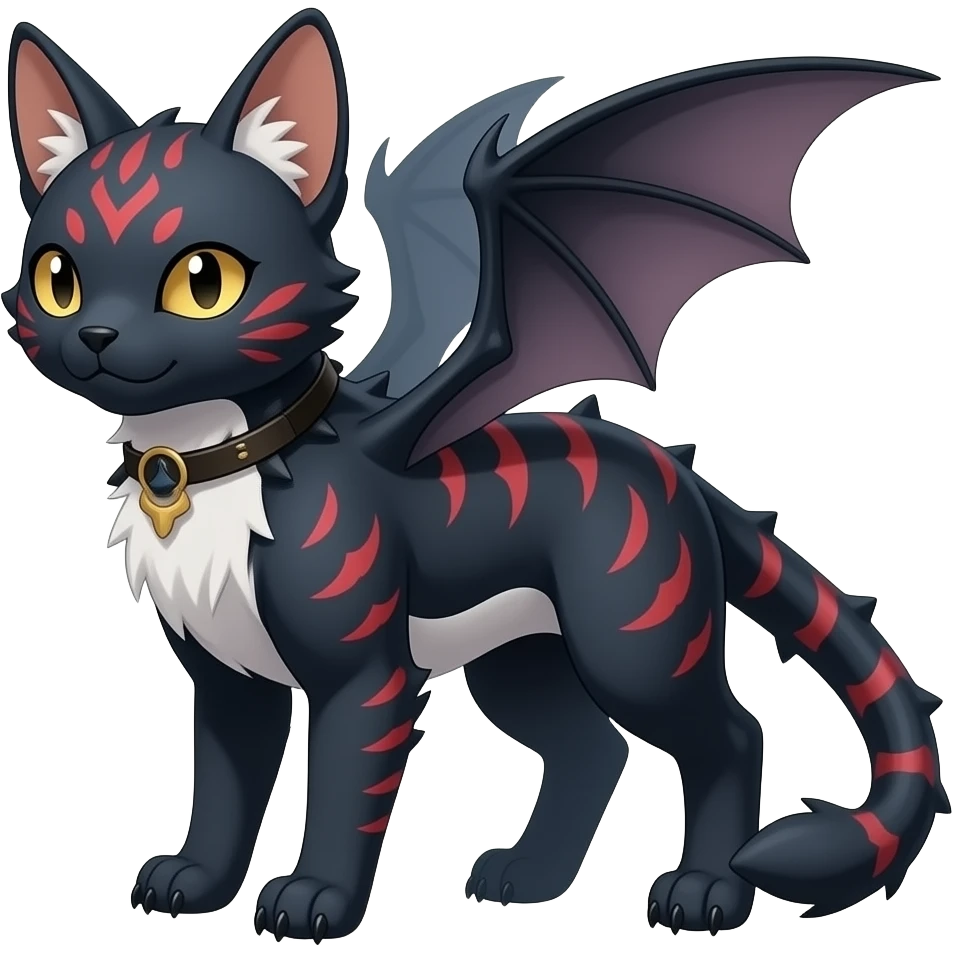 Realistic oriental Digitigrade quadrupedal gothic cool edgy cute midnight scaly blue-gray-black, with red markings, white belly, scaley Bastet-Lykoi-Bat-Salandit-Absol-Litten-Digimon-Fakémon-Pokémon-creature (full body), tiny spikes on back, with bat-EAR-wings on head as ears emoji
