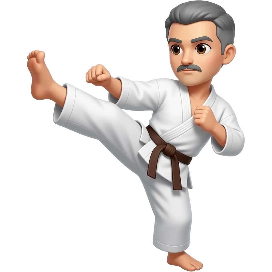 No BEARD, SHORT gray hair with a mustache doing a karate kick and brown eyes and Brown Belt emoji