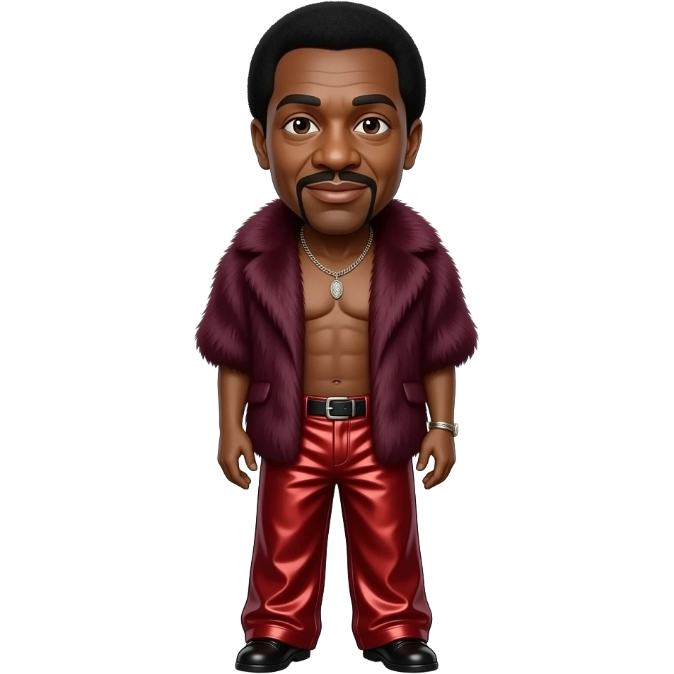 Richard Pryor with dark brown eyes, black hair, maroon fur shawl, crimson metallic baggy pants, shirtless with necklace emoji