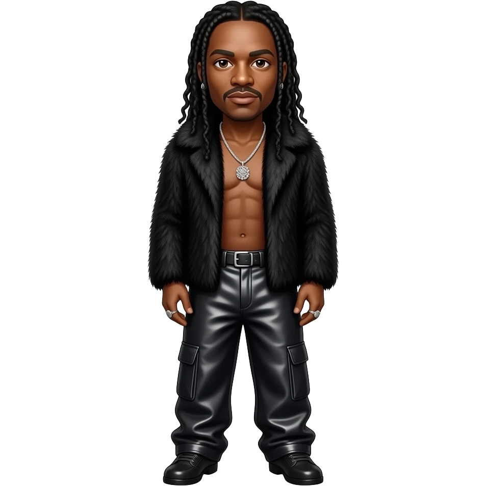 Bizzy Bone from Bone Thugs-N-Harmony with brown eyes, long black hair, black fur shawl, black metallic baggy pants, shirtless with necklace and earrings emoji
