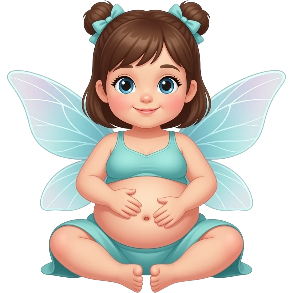 A baby girl fairy,she a very hugely fat belly,she is so stuffed that she has to sit,she could almost roll,rubbing her full bellybutton so she will cutely do a good belly show & tell. emoji