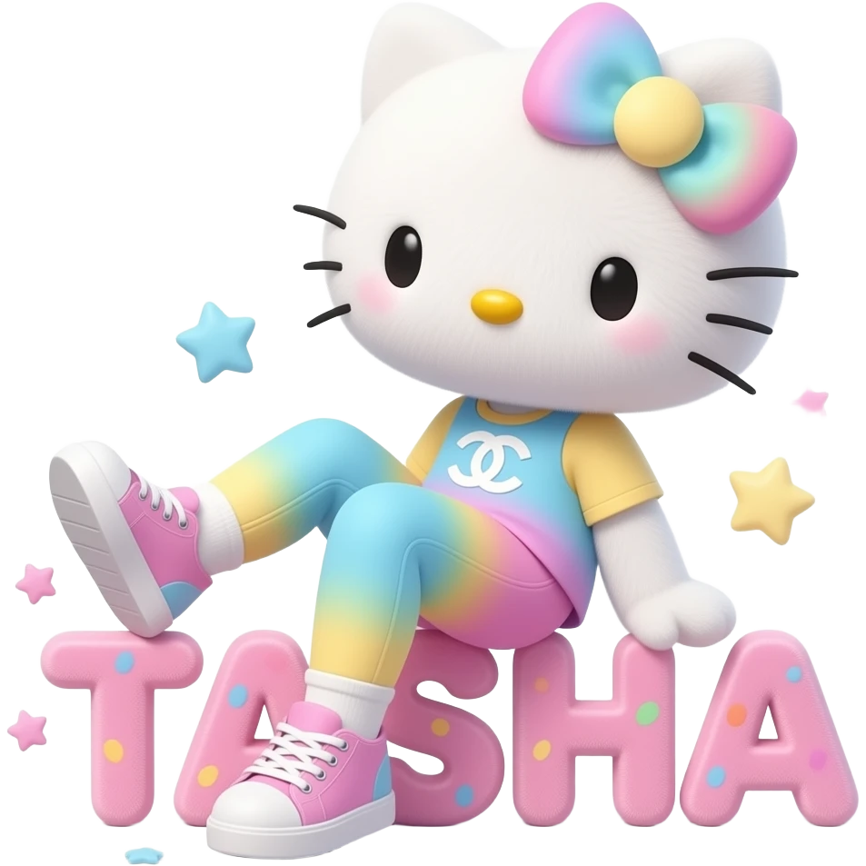 4D Velvety fur hello kitty wearing ombre white and blue and pink yellow ombre pastel colored leggings and sneakers, and with the Chanel symbol on her ombre pastel bow sitting sideways leaning back on top of the velvety 3D outlined letters TASHA surrounded with tiny ombre pastel stars made of candy emoji