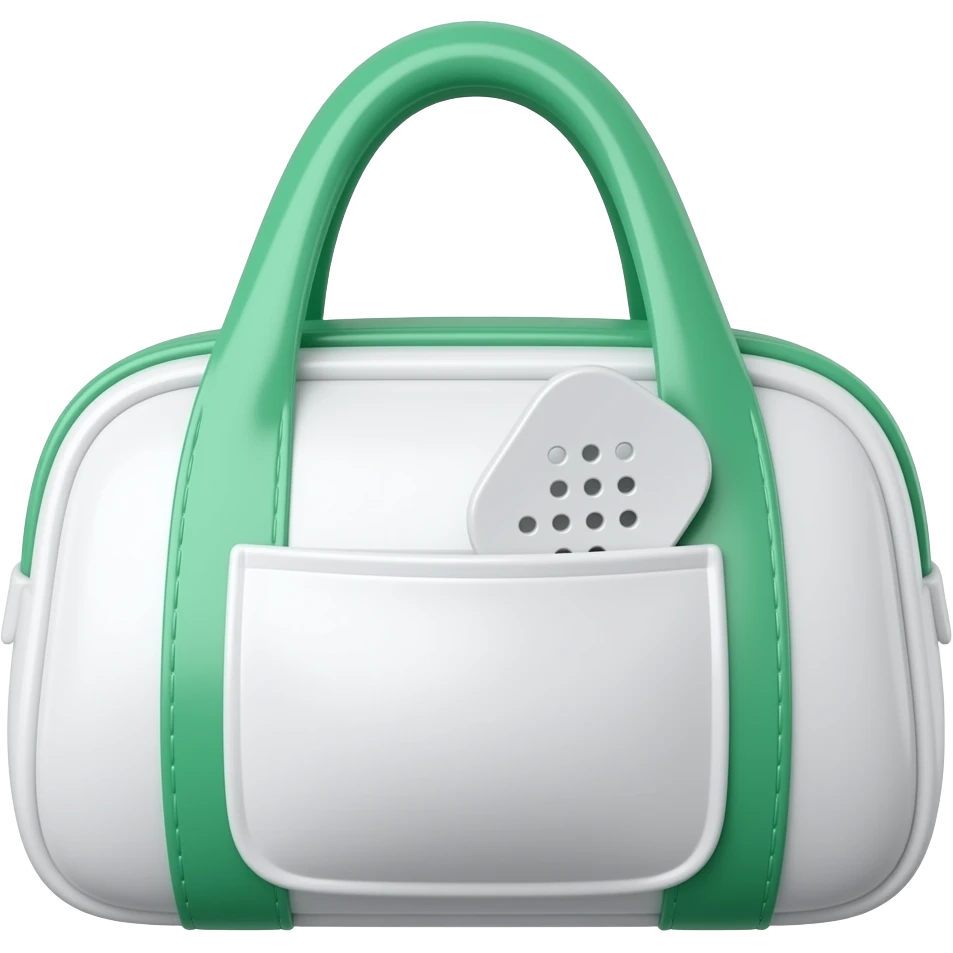 Apple iOS style white sports bag emoji, glossy 3D duffel bag with visible front paddle pocket holding a pickleball paddle, green accent details and piping, minimal luxury design, front-facing, smooth shading, ultra detailed, clean background, premium iOS emoji aesthetic emoji