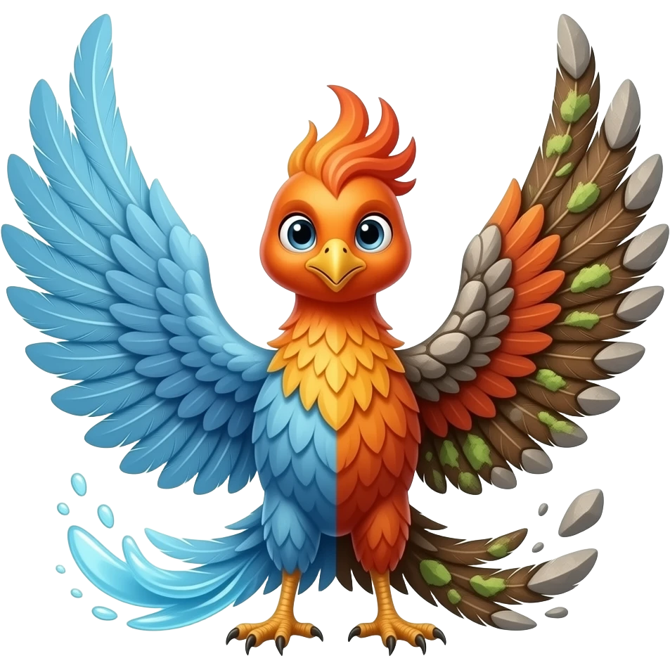 A phoenix with long tail feathers made of water on one side and Earth and Stone on the other side facing the camera. emoji