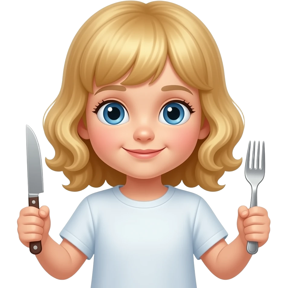 white kid blue eyes mid length hair to shoulders with bangs soft curly hair to shoulders in color: middle to little darker blond. with knife and fork emoji