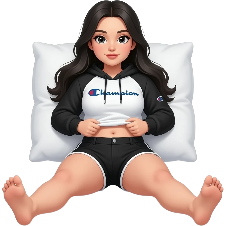 White girl with long black hair, black and white cropped champion hoodie with black arm sleeves, black high shorts, and a bit of a chubby body lifting her shirt to show her belly laying down on on the pillow to bed and showing feet emoji