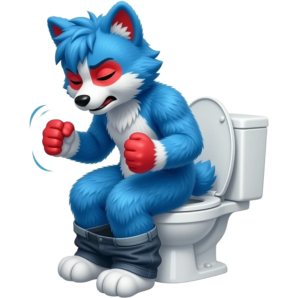 blue furry fursuit sitting on toilet, side view, pants down, straining face, eyes closed, pushing, squeezing, red face, both fists emoji