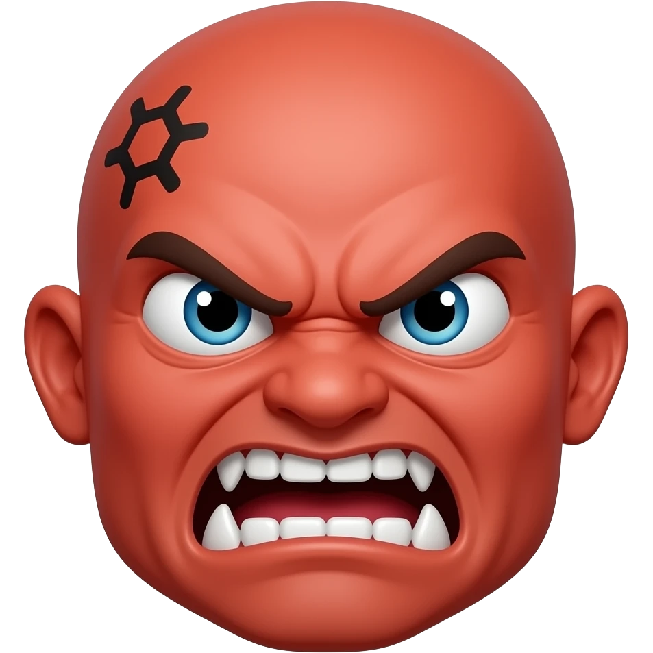 Make a 😀  emoji angry but teeth sharp and skin red and angry a 💢 mark on its head left and eyes very angry. And in rage. It is a 😡 emoji. And not a human and no ears emoji