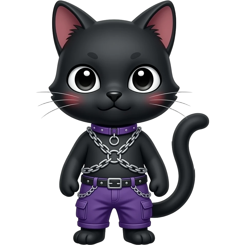 Gorgeous furry gothic dark techwear anime style anthro black cat furry sona Fakemon with blushing face aesthetic and pretty edgy black with violet collar and harness trending style chains cargo pants emoji