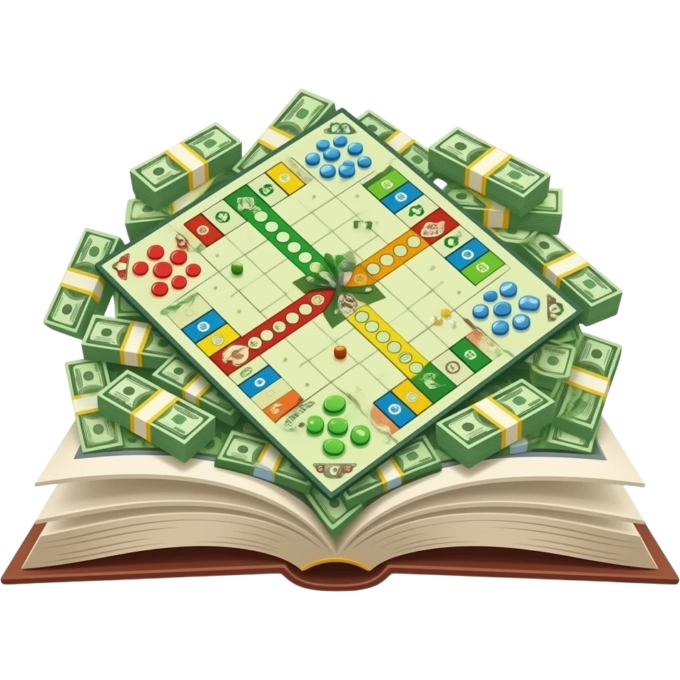 un livre ouvert avec un jeu qui sort et des billets d'argent emoji
