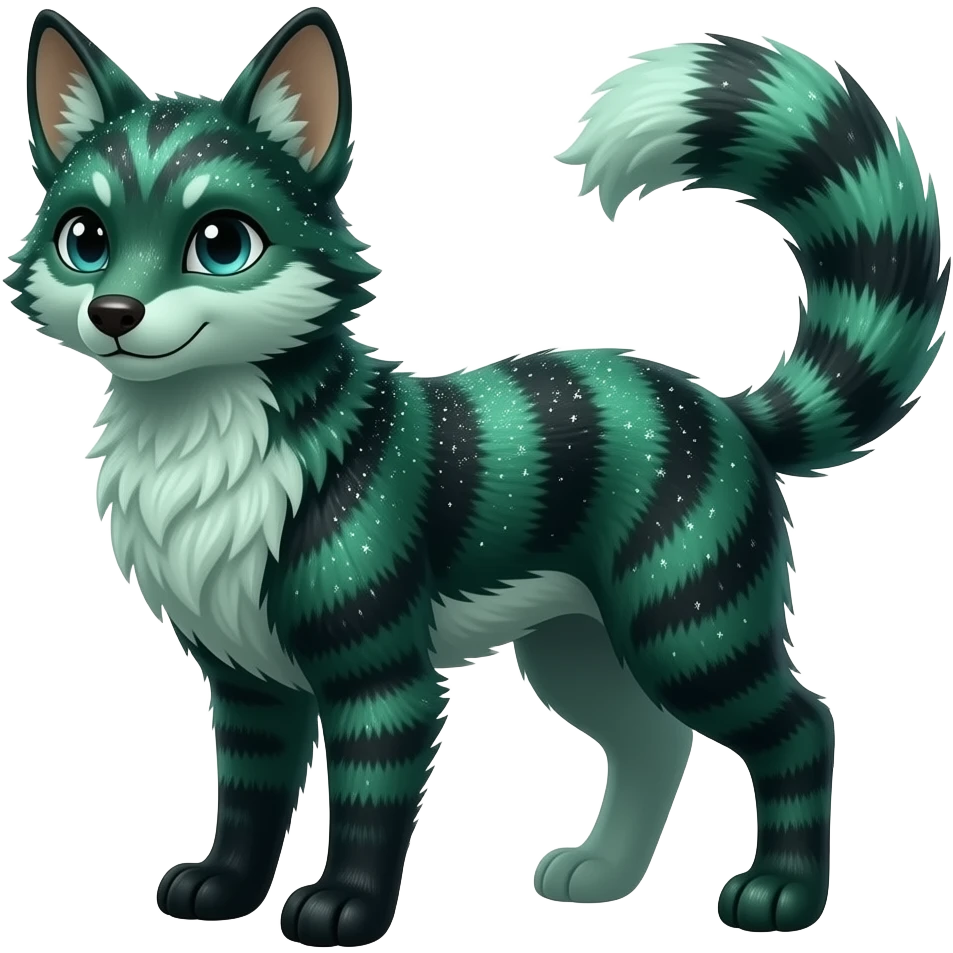 Hyper-realistic forest-hunger-green-emerald-green-onyx-black-gradient velvet fur soaked in stardust glitter sparkles, striped tail, striped back, tufted ears, tufted legs emoji