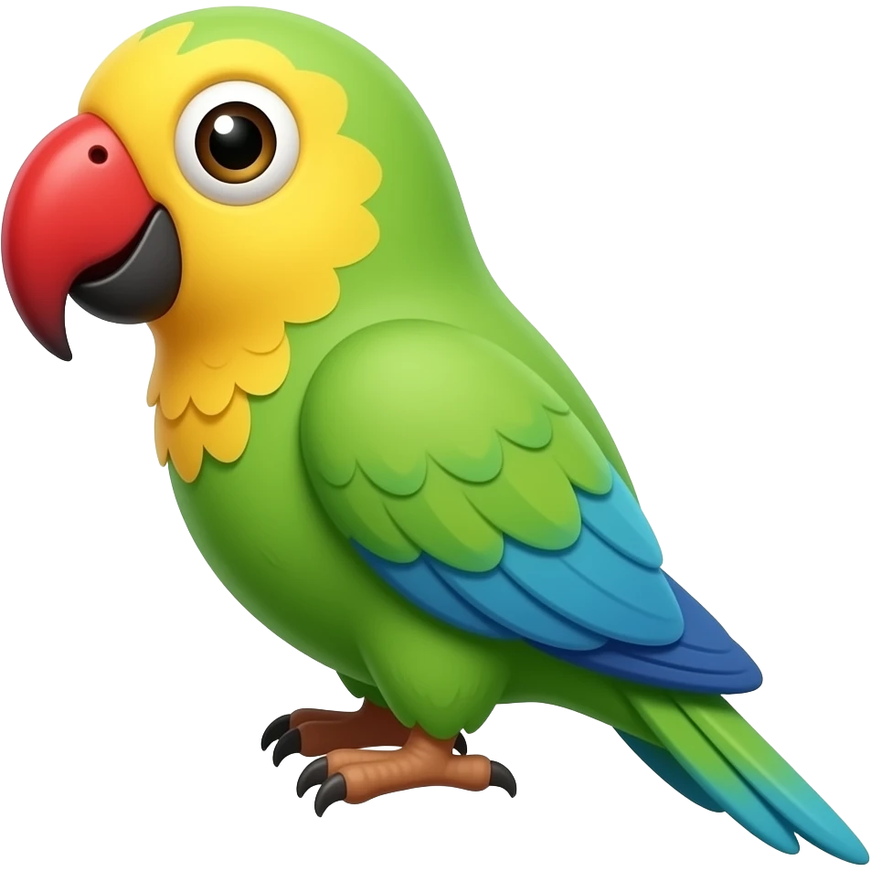 Apple emoji-style 3D parrot, cute minimal icon, side view, curved beak, round eye, green body, yellow head, red beak, blue wing accents, long tail feathers, soft glossy texture, smooth gradient shading, clean white background, centered composition. emoji
