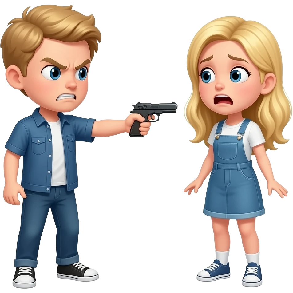 Blonde boy pointing a gun to a blonde girl and the boy is angry and the girl is scared emoji