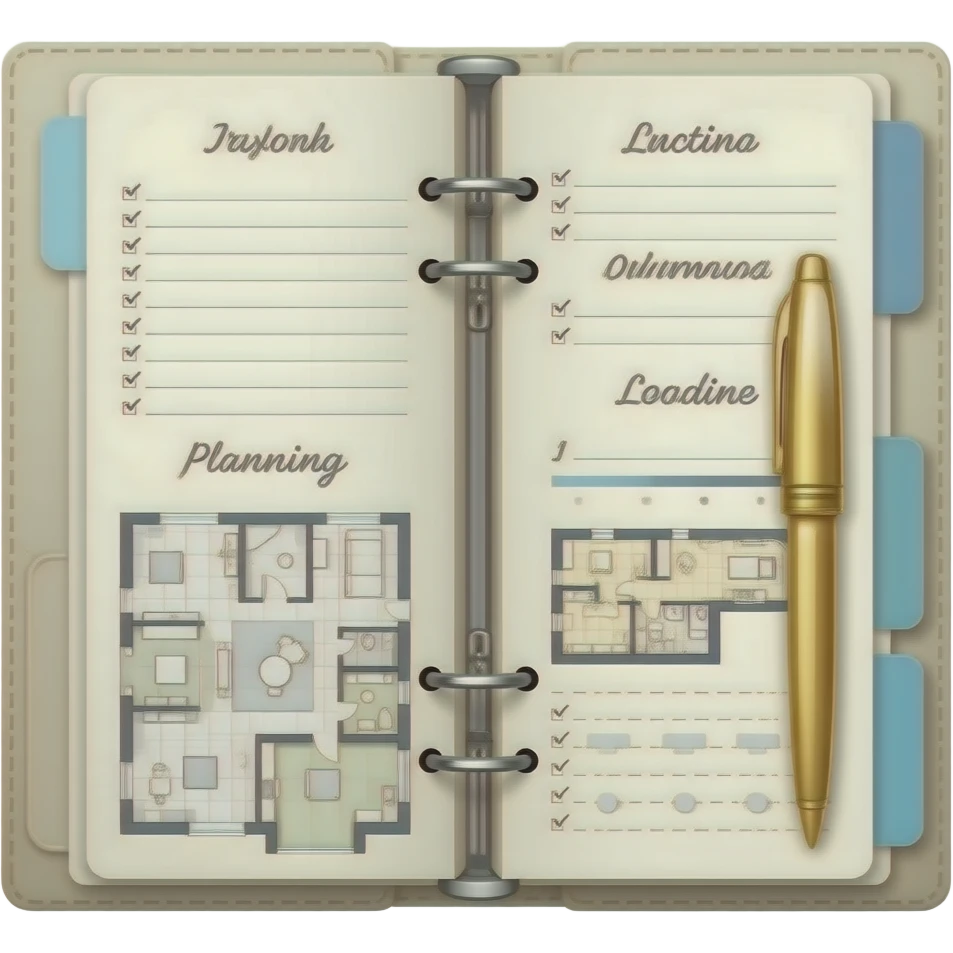 3D emoji of an open ivory wedding planning binder with dusty-blue tabs ...